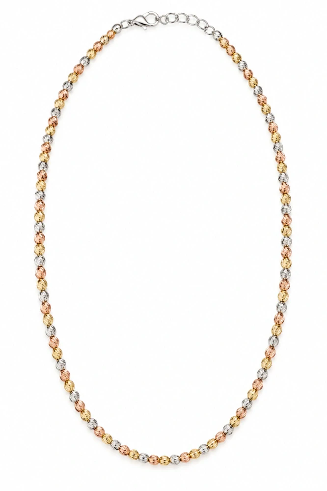 Šperky Nina – Tříbarevný stříbrný kuličkový náhrdelník Tricolor s diamantovým brusem (40–45 cm) - ret zlac 50