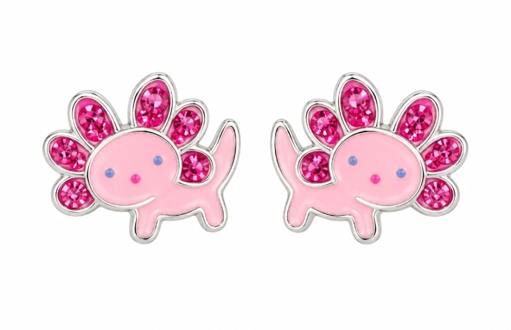 Šperky Nina – Dětské stříbrné náušnice Růžový axolotl s krystaly (9 mm) - det 60