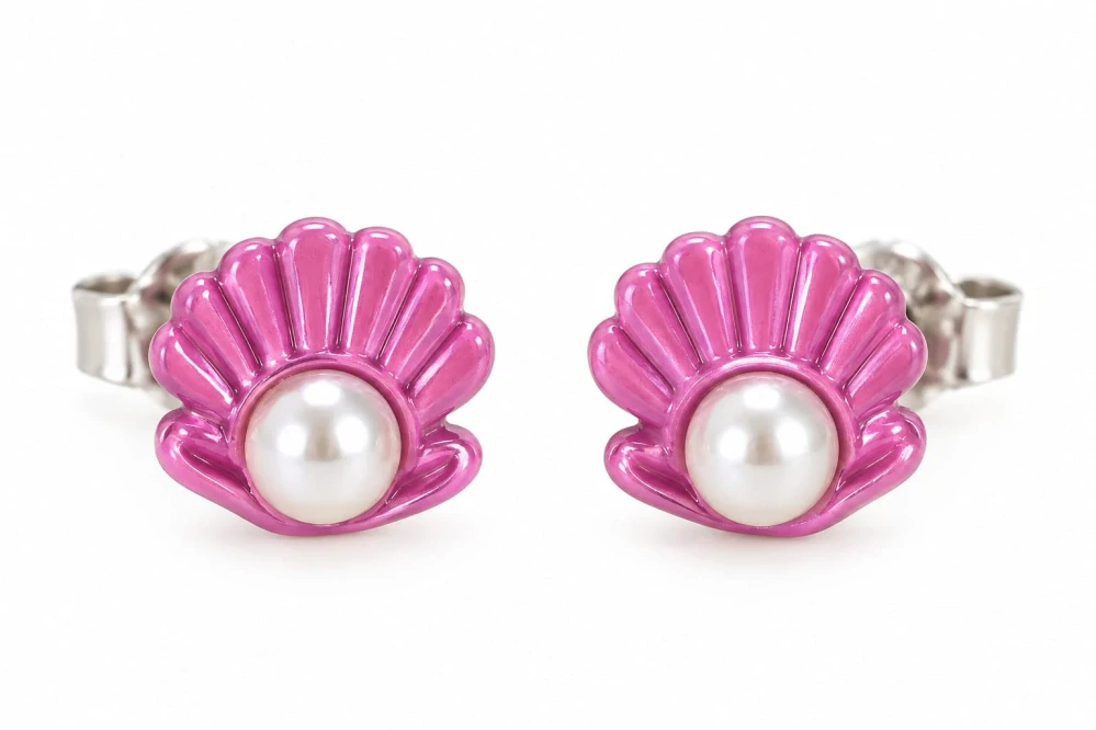 Šperky Nina – Dětské stříbrné náušnice Růžová mušle s perličkou (8 mm) - det 62
