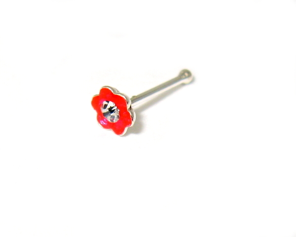 Piercing do nosu stříbrný 925/1000 ( červená kytička)