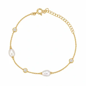 Šperky Nina – Pozlacený stříbrný náramek s perličkami a zirkony (16,5 – 20,5 cm) 925/1000 - nar zlac 026