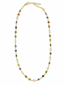 Šperky Nina – Pozlacený stříbrný náhrdelník Zlatá duhová geometrie s barevnými zirkony (42 – 47 cm) 925/1000 - ret zlac 034