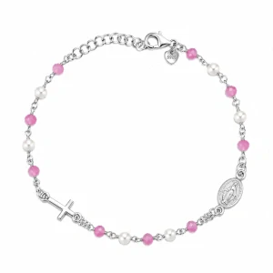 Šperky Nina – Stříbrný náramek Růžová ochrana s perličkami, růžovými korálky a medailkou (18,5 – 21,5 cm) 925/1000 - nar 536