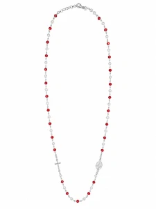 Šperky Nina – Stříbrný náhrdelník růženec Červená vášeň a perly s křížkem a medailonkem (51 – 54 cm) 925/1000 - nahr 552
