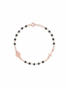 Šperky Nina – Růžově pozlacený stříbrný náramek růženec Černá elegance s medailonkem a křížkem (18,5 – 20 cm) 925/1000 - nar zlac 34