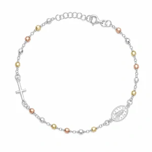 Šperky Nina – Stříbrný náramek růženec Tříbarevná elegance s medailonkem a křížkem (19 – 21 cm) 925/1000 - nar 544