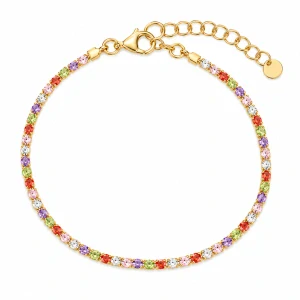 Šperky Nina – Pozlacený stříbrný tenisový náramek s barevnými zirkony (16,5–19 cm) - nar zlac 45