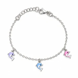 Šperky Nina – Dětský stříbrný náramek s barevnými delfínky (14,5–17 cm) - nar 559