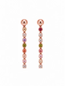Šperky Nina – Stříbrné náušnice pozlacené růžovým zlatem s linií barevných zirkonů (22 mm) - ns zlac 007