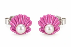 Šperky Nina – Dětské stříbrné náušnice Růžová mušle s perličkou (8 mm) - det 62