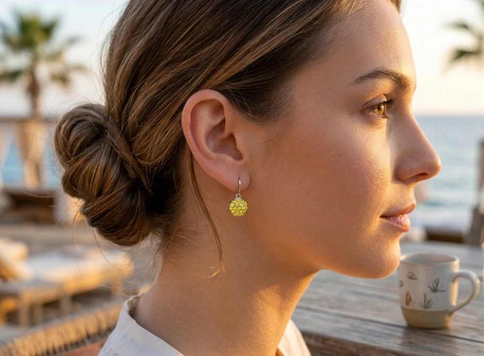 Šperky Nina - Stříbrné visací náušnice se žlutými třpytivými koulemi 12 mm 925/1000 – ns ag kam H 158