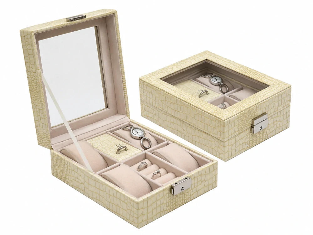 Šperky Nina – Šperky Nina – Luxusní uzamykatelná prosklená šperkovnice a box na hodinky (krémová kroko, 20 × 16 × 8 cm) - sperk13