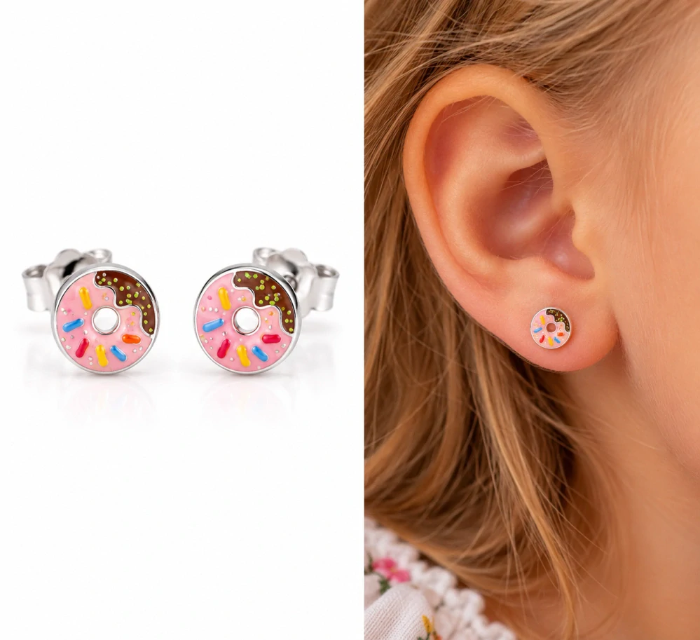 Šperky Nina – Dětské stříbrné náušnice Sladké donuty (7 mm) - det 39