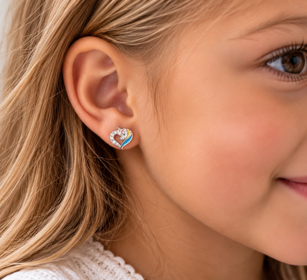 Šperky Nina – Dětské stříbrné náušnice Jednorožec v srdíčku se zirkony (8 mm) - det 52
