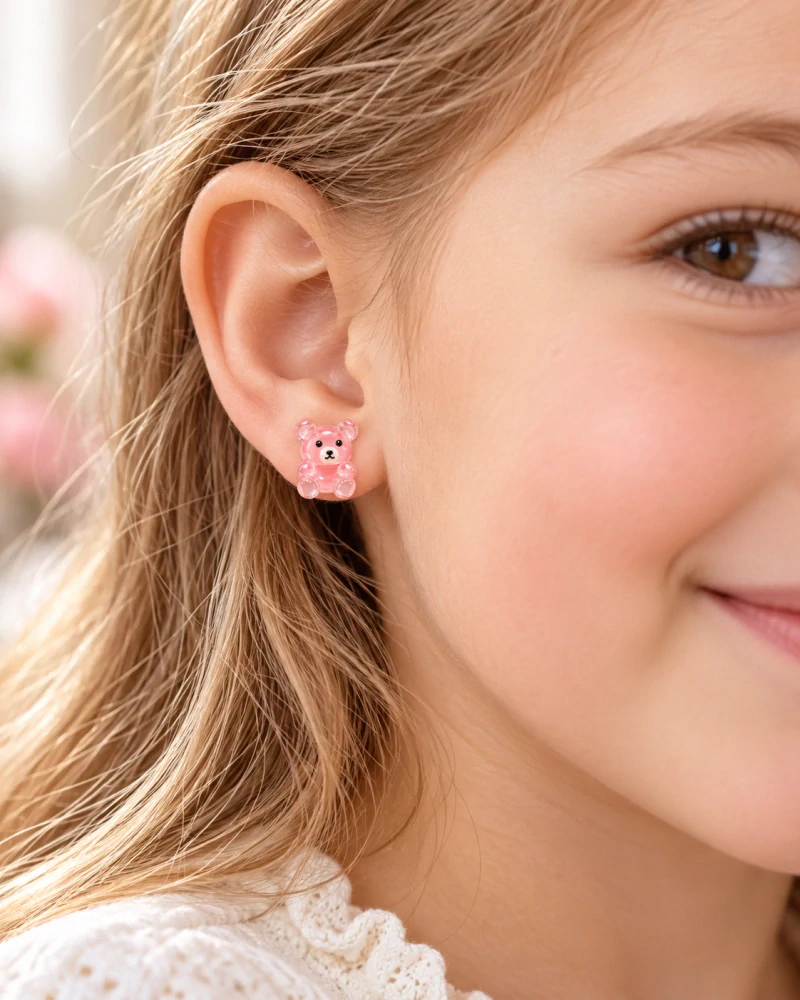 Šperky Nina – Dětské stříbrné náušnice Růžový medvídek (5 mm) - det 57