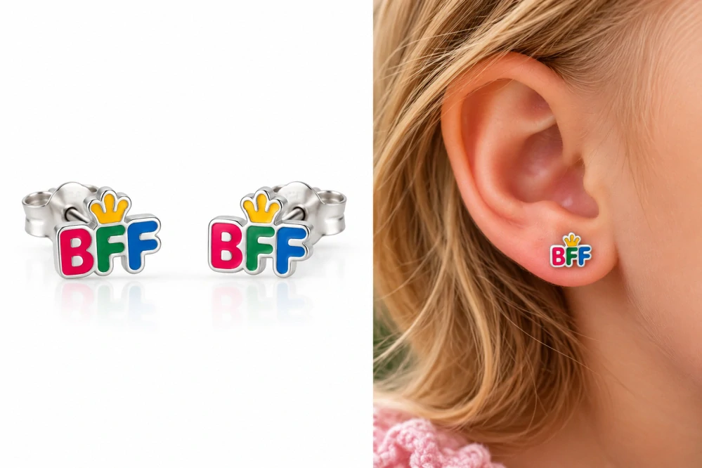 Šperky Nina – Dětské stříbrné náušnice BFF s korunkou (9 mm) - det 58
