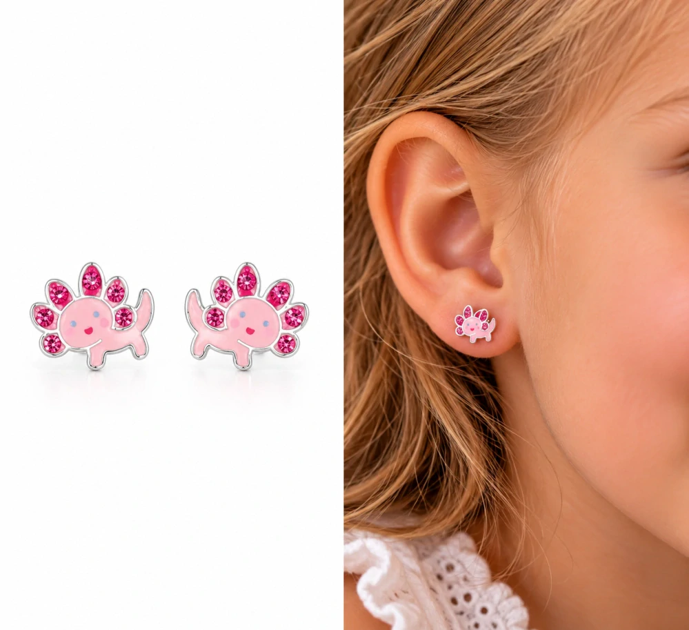 Šperky Nina – Dětské stříbrné náušnice Růžový axolotl s krystaly (9 mm) - det 60