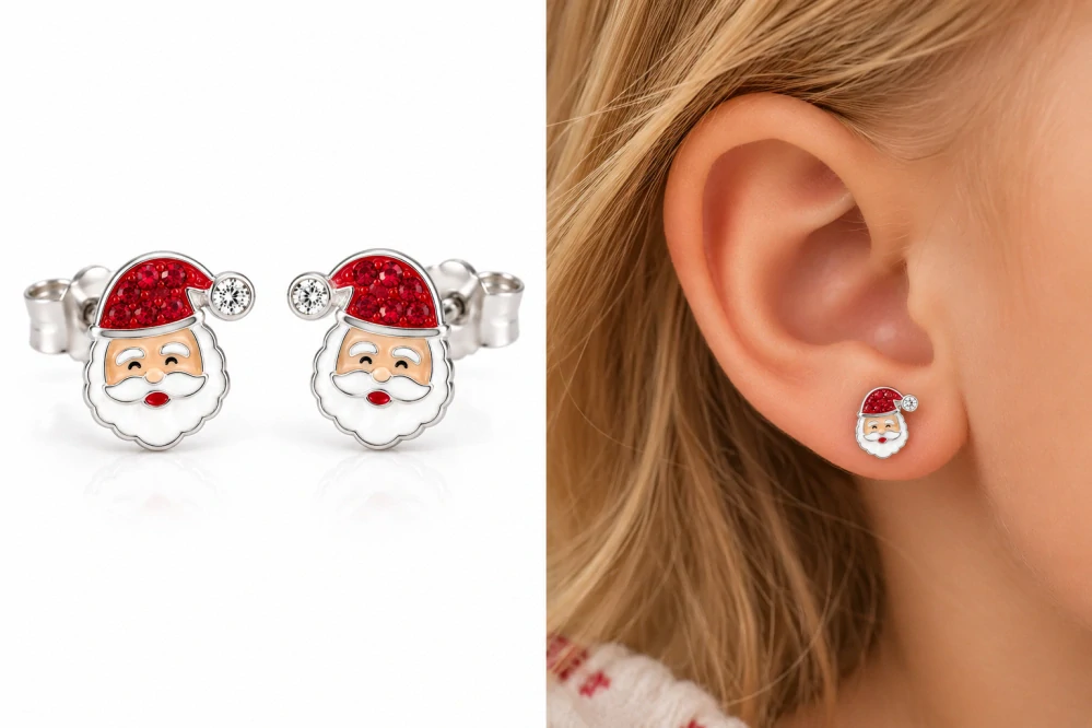Šperky Nina – Dětské stříbrné náušnice Vánoční Santa s krystaly (10 mm) - det 61