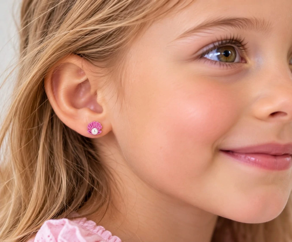 Šperky Nina – Dětské stříbrné náušnice Růžová mušle s perličkou (8 mm) - det 62