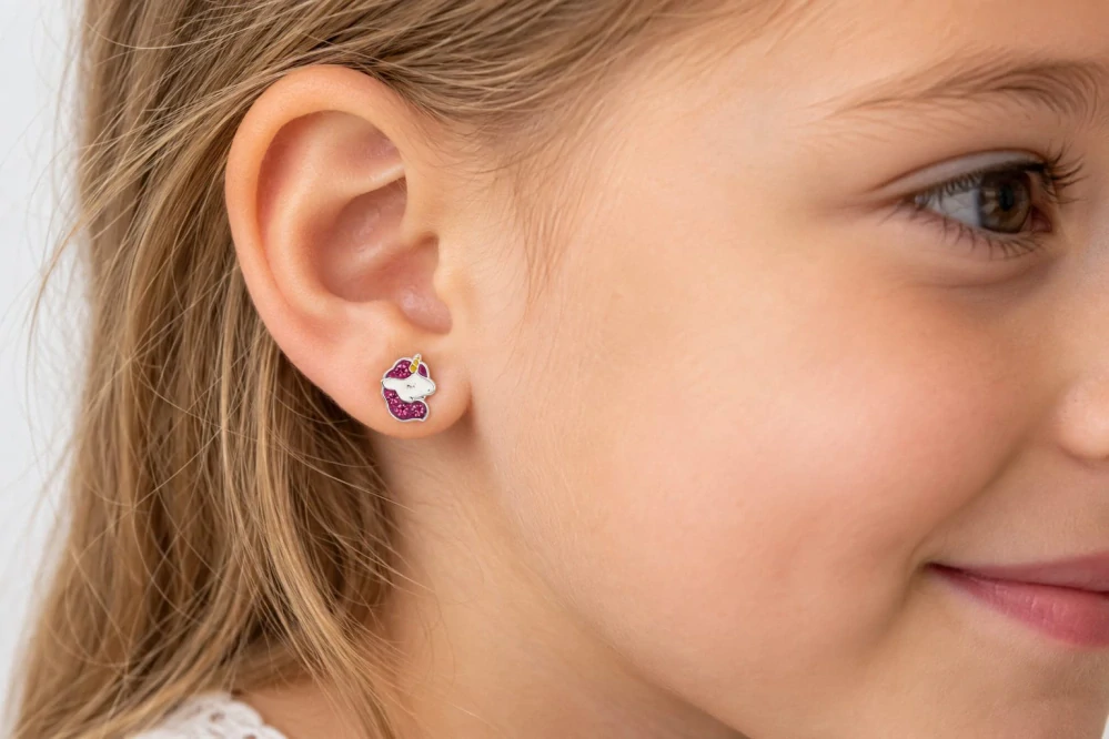 Šperky Nina – Dětské stříbrné náušnice Spící jednorožec s krystaly (10 mm) - det 65