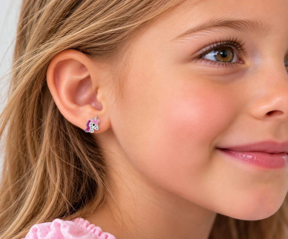 Šperky Nina – Dětské stříbrné náušnice Třpytivý jednorožec se zirkonovými odlesky (12 mm) - det 66
